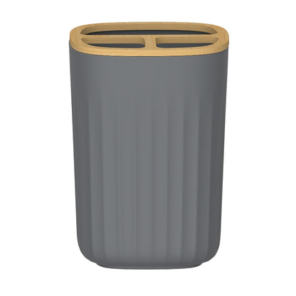 Vaso Portacepillos Nórdico Gris con Base de Bambú PF-7242 – Caja de 12 Piezas