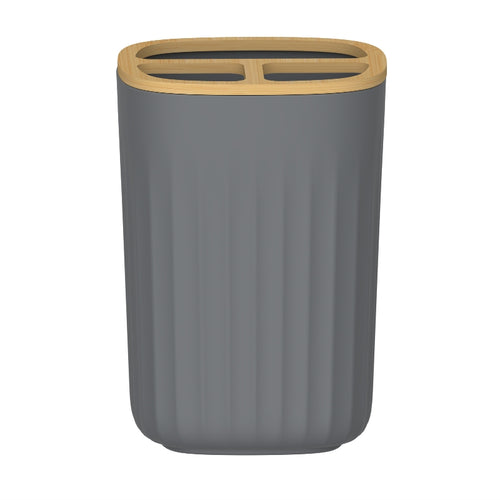 Vaso Portacepillos Nórdico Gris con Base de Bambú PF-7242 – Caja de 12 Piezas