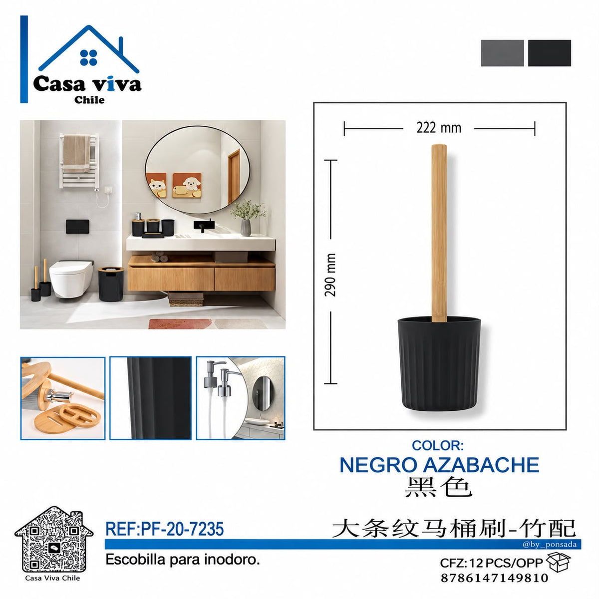 Escobilla para Inodoro Nórdica Negro con Mango de Bambú PF-7235 – Caja de 12 Piezas