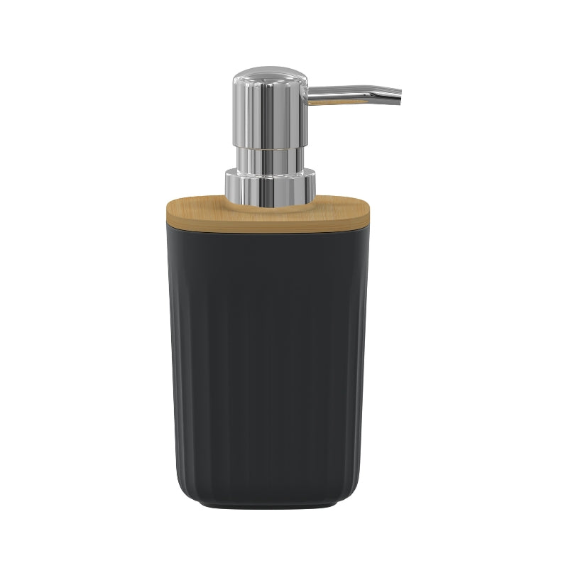 Dispensador de Jabón Nórdico Negro Azabache con Tapa de Bambú PF-7239 – Caja de 12 Piezas