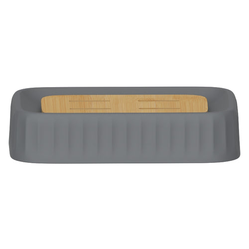 Jabonera Nórdica Grande Gris con Base de Bambú PF-7246 – Caja de 12 Piezas