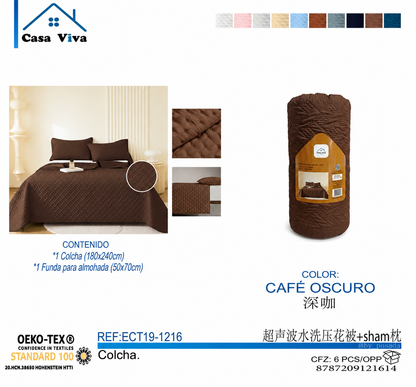 Colcha Acolchada Decorativo Cafè Osuro  de Tamaño Twin ECT19-1216  180X240CM + Funda  50X70CM - Caja de 6 piezas.