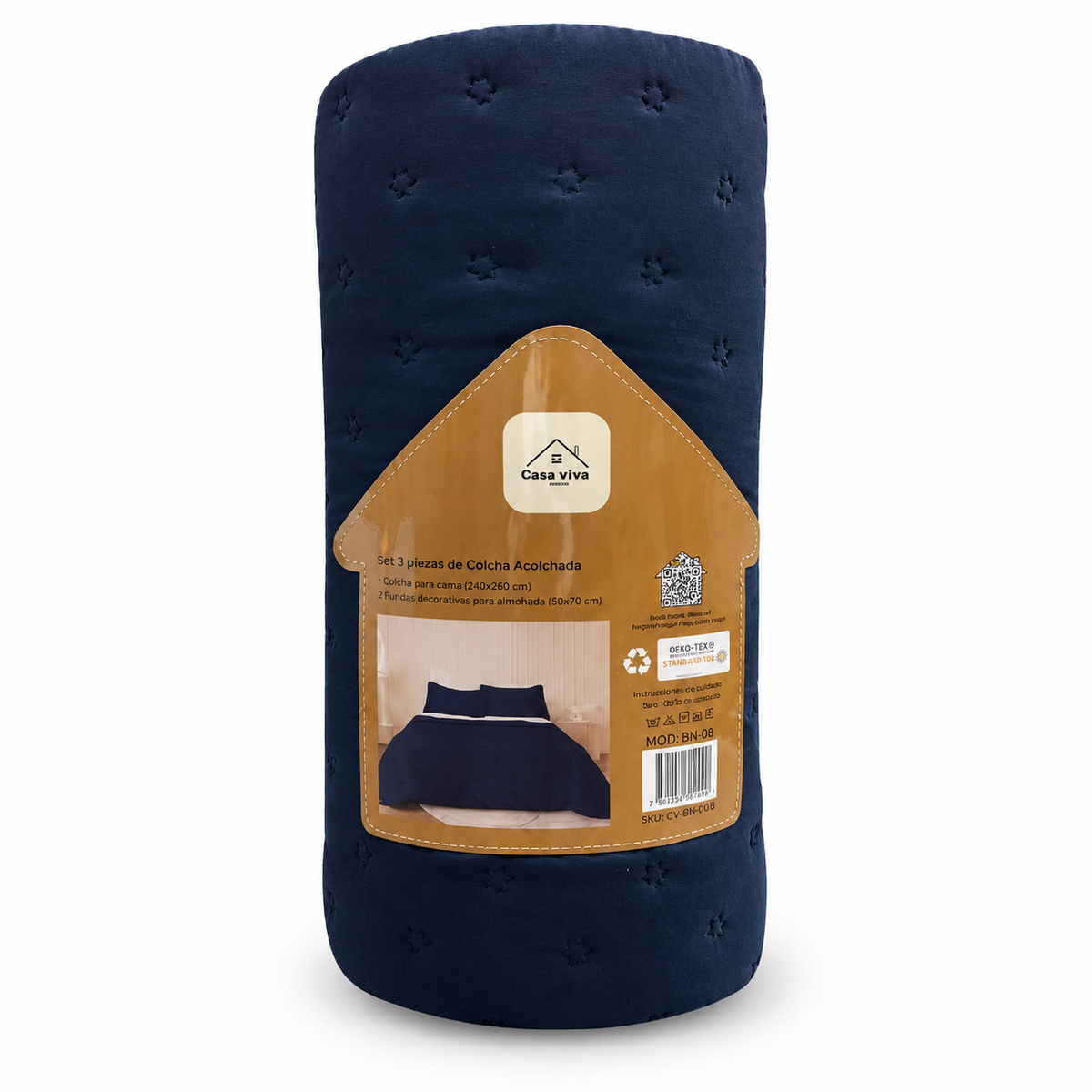 Colcha Acolchada Decorativo Azul Oscuro de Tamaño Queen  ECQ19-4125  220X240CM + Funda  50X70CM - Caja de 6 piezas.
