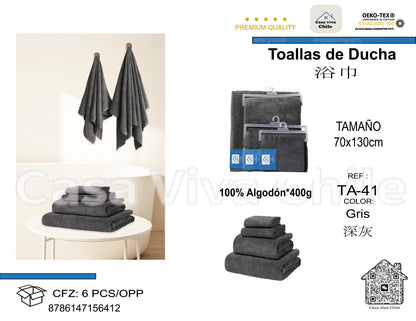 Toallas de Ducha 100% Algodón Gris TA-41 (70x130 cm) – Caja de 6 Piezas