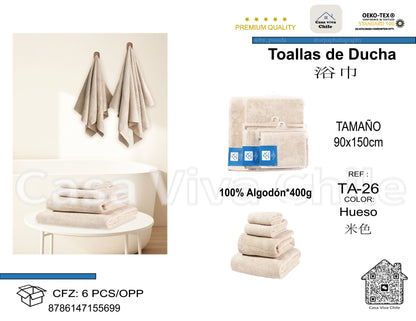 Toallas de Ducha 100% Algodón Hueso TA-26 (90x150 cm) – Caja de 6 Piezas
