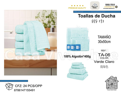 Toallas de Ducha 100% Algodón Verde Claro TA-06 (30x50 cm) – Caja de 24 Piezas