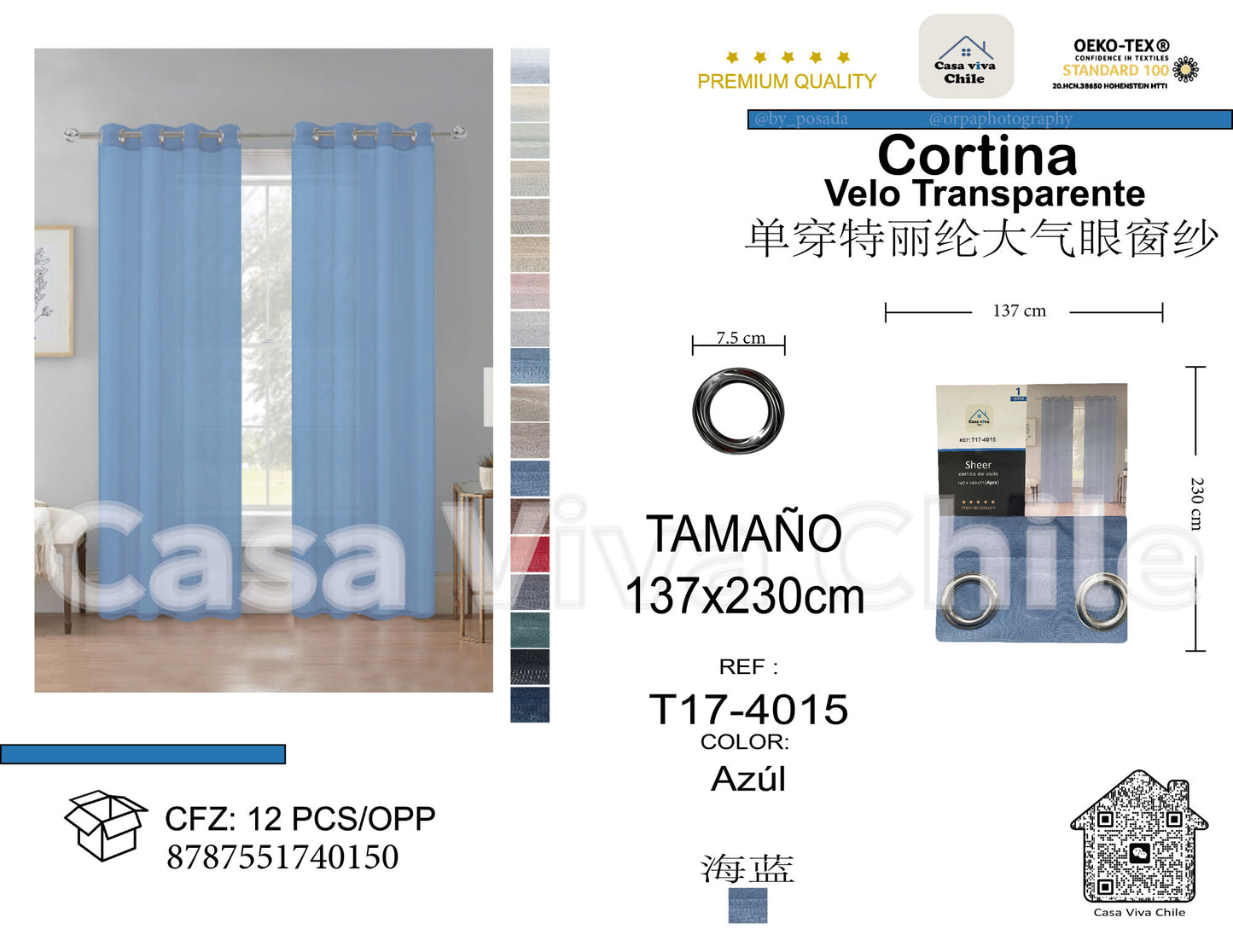 Cortina Velo Transparente Azul (137x230) - Caja Cerrada 12 Piezas