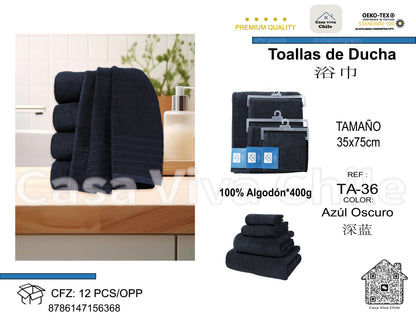 Toallas de Ducha 100% Algodón Azul Oscuro TA-36 (35x75 cm) – Caja de 12 Piezas