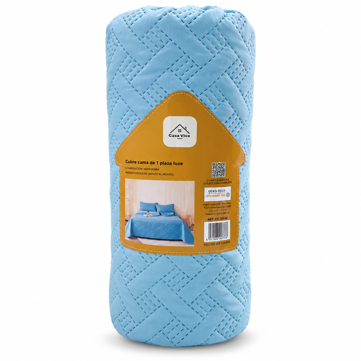 Colcha Acolchada Decorativa Azul Claro de Tamaño Twin ECT15-4008 180X240CM + Funda  50X70CM - Caja de 6 piezas.