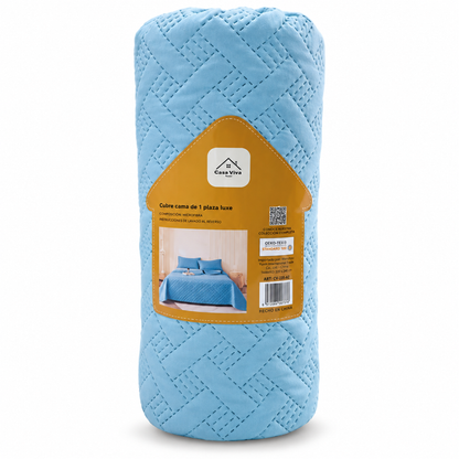 Colcha Acolchada Decorativa Azul Claro de Tamaño Twin ECT15-4008 180X240CM + Funda  50X70CM - Caja de 6 piezas.